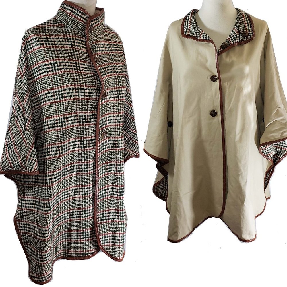 Jeffrey Banks reversible hounds tooth khaki cape, - Picture 2 of 3